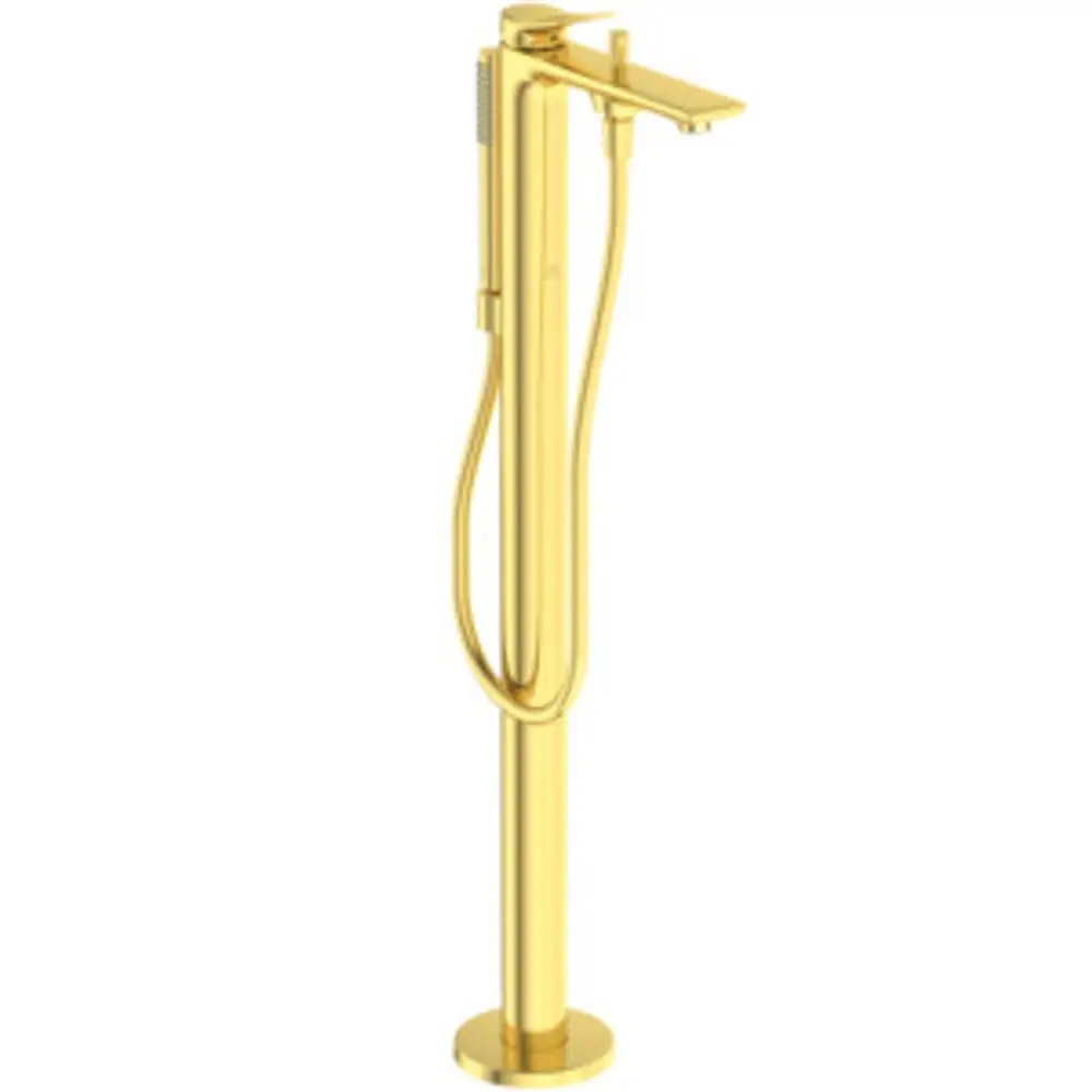 Freistehende Badarmatur in Brushed Gold von Ideal Standard, mit schlanker, vertikaler Form und Handbrause. Eignet sich für moderne Badezimmergestaltung.